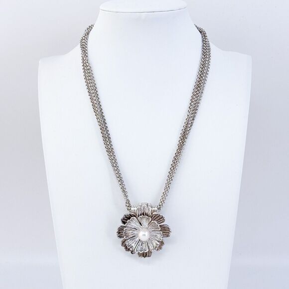 Vintage Esposito ESPO SIG Sterling Silver 925 Pearl Bib Floral Necklace 17" - Picture 1 of 7